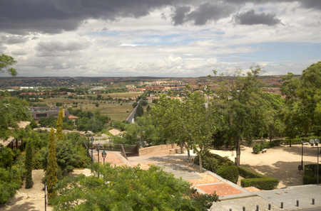 View of the Spanish landscape from the Cambron Gate in Toledo, Spainの写真素材