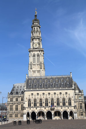 Town hall and belfry tower on the Place des Heros town square of Arras, France