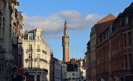 The Belfry of the city hall of Lille, France against a blue sky in the eveningのeditorial素材