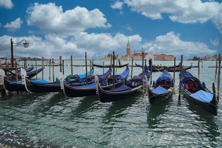 Venice, Italy - September 30, 2018: Gondolas and the island and church of San Giorgio Maggiore in Venice, Italy on September 30, 2918のeditorial素材