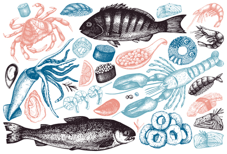 Hand drawn Seafood illustrations set.のイラスト素材