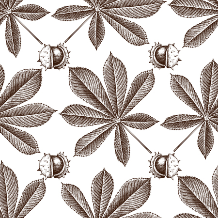 Seamless pattern with hand drawn trees sketch. Autumn background with decorative chestnut illustration. Vector botanical elements.のイラスト素材