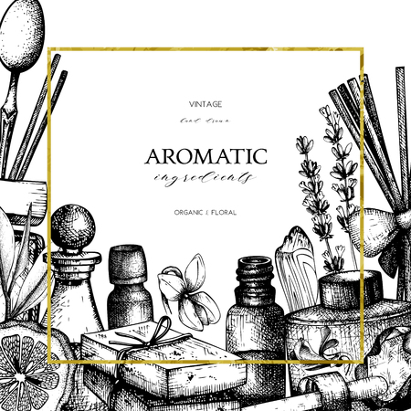 Vector floral background. Hand drawn perfumery and cosmetics ingredients illustration. Aromatic and medicinal plant design. Vintage templateのイラスト素材