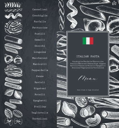 Vector menu template with traditional Italian pasta. Hand drawn food sketch. Vintage card or invitation design. Outlines on chalkboardのイラスト素材