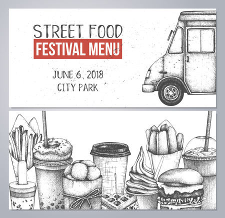 Fast food sketch collection for cafe or restaurant design. Engraved style booklet template. Street food festival menu. Vector iilustration.のイラスト素材