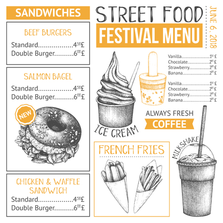 Fast food restaurant or cafe menu template. Hand drawn burgers, desserts and drinks illustrations. Food truck flyer design on white backgroundのイラスト素材
