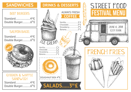 Food truck menu design on white backgorund. Fast food Restaurant flyer. Vector cafe template with hand drawn graphic - burgers, drinks, desserts.のイラスト素材