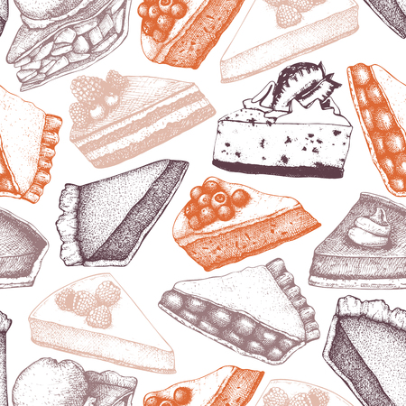 Fruit background with berry baking illustration. Vintage design with traditional cake, tart and pie sketch. Sweet bakery menu. Seamless patternのイラスト素材