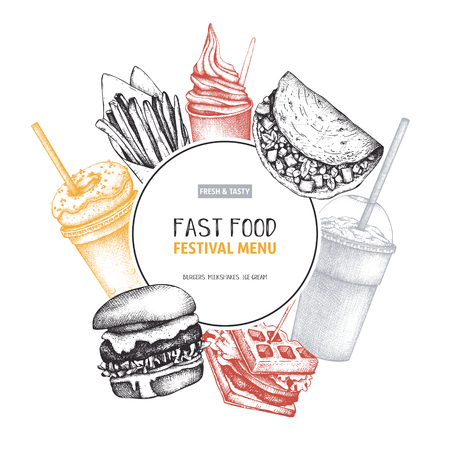 Street food festival menu with hand drawn illustrations. Engraved style fast food design. Vector logo, icon, label, packaging, poster template.のイラスト素材