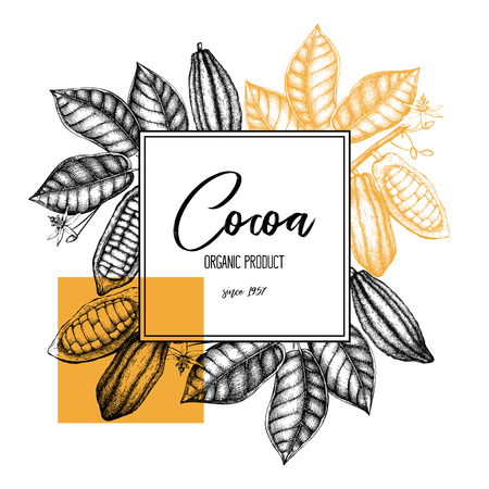 Vector Cocoa tree illustration. Vintage background with flowers, fruits and beans. Botanical template design. Aromatic and tonic elements frame.のイラスト素材