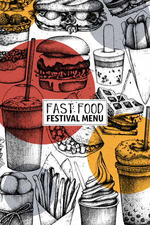 Fast food art. Logo, icon, label, packaging, poster. Street food festival menu with vintage illustrations.のイラスト素材