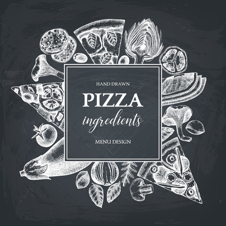 Vector design with hand drawn italian pizza ingradients sketches. Vintage frame for pizzeria or cafe menu. Meat, seafood, cheese, vegetables, mushrooms drawings. Top view fast food illustration.のイラスト素材