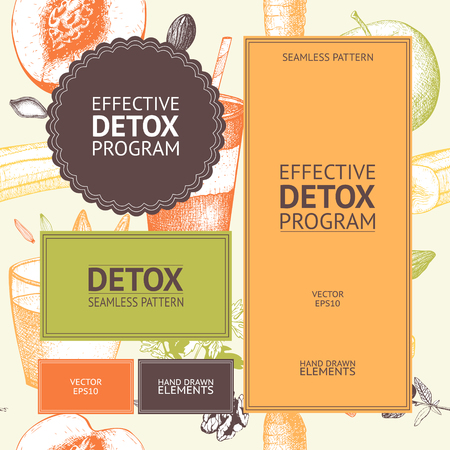 Hand drawn diet elements sketch. Vintage healthy food and detox program background. Vector diet menu templeteのイラスト素材