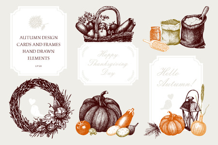 Vintage design elements set for Thanksgiving Day celebration. Vector sketch collection with hand drawn autumn sketch. Traditional harvest festival illustration.のイラスト素材