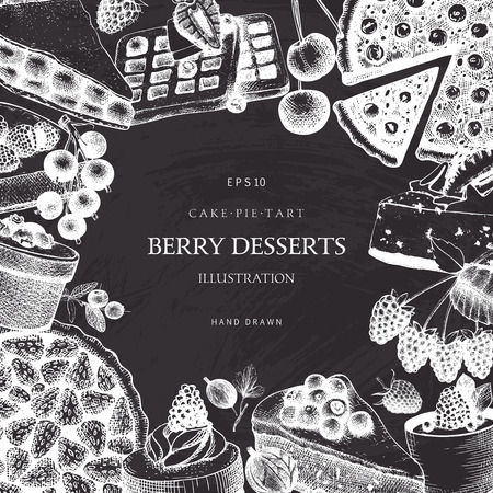 Berry cake, pie and tart illustration. Vintage background with decorative berries dessert sketch. Retro template for bakery menu or baking shop.のイラスト素材