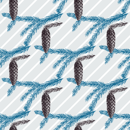 Seamless Pattern. Vintage background with hand drawn trees and bird Vector winter design for Christmas or New Year celebrationのイラスト素材