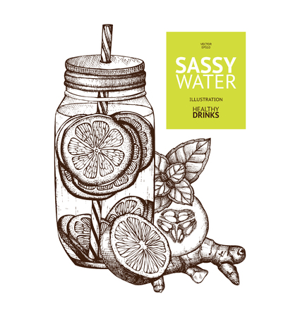 Sassy water ink hand drawn illustration. Healthy drink recipe isolated on whiteのイラスト素材