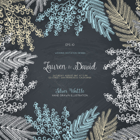Wedding card or invitation design on chalkboard. Vector background with hand drawn Silver Wattle tree - Mimosa sketch. Vintage Template. Save the Date.のイラスト素材