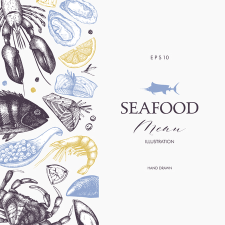 Vector Seafood card or flyer design. Decorative frame with hand drawn sea food illustration. Vintage menu template.のイラスト素材