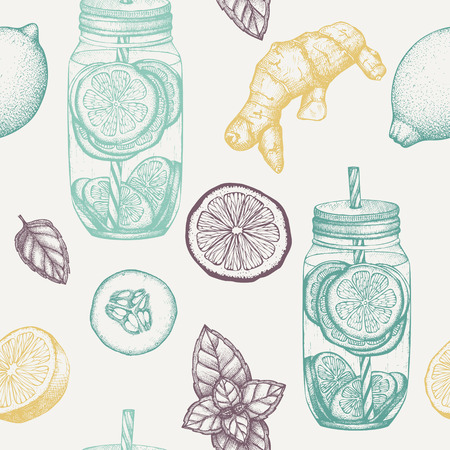 Seamless pattern with water ink hand drawn illustration. Healthy drink recipe in pastel colors. Vintage vector sassy water backgroundのイラスト素材