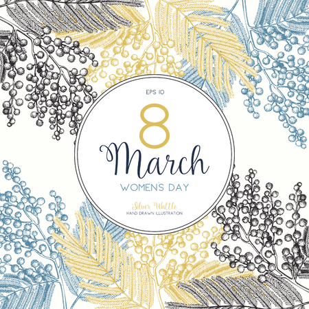 Women's Day greeting card or invitation design. Vector background with hand drawn Silver Wattle tree - Mimosa sketch. Vintage wedding Template. Save the Date. 8 Marchのイラスト素材