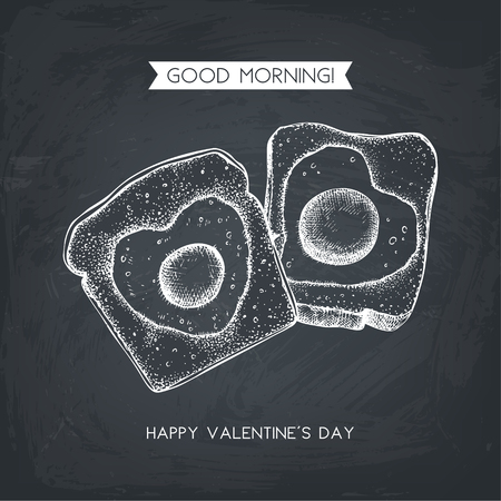 Vintage egg in a basket illustration. Hand drawn card design for Valentine's day. Good Morning! Vector template on chalkboardのイラスト素材