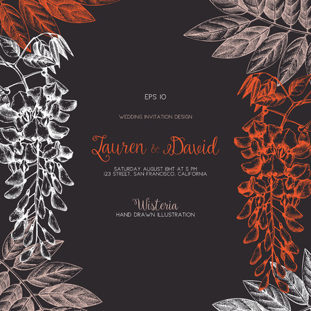 Wisteria flower background. Valentine's Day or Wedding design template. Vintage greeting card with hand drawn bloomed tree sketch. Vector frame with delicate elements. Save the Dateのイラスト素材