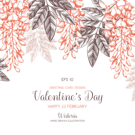 Wisteria sketch background. Valentine's Day card or invitation design with tree in flowers. Vintage floral illustration.のイラスト素材