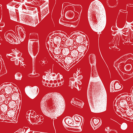Valentine's Day Background. Seamless vintage pattern with hand drawn holiday elements sketch. Vector red colored illustration.のイラスト素材