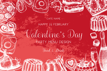 Vintage card for Valentine's Day celebration. Vector frame with hand drawn food and drinks sketch. Cafe or restaurant menu template.のイラスト素材