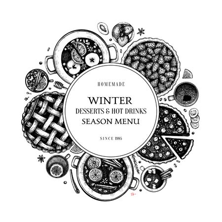 Hot drinks, homemade pies and desserts wreath template. Winter food and drinks top view. Hand drawn Christmas dishes design. With mulled wine, hot chocolate, tea, cherry, strawberry, apple pies illustrations.のイラスト素材