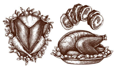 Thanksgiving day turkey dishes illustrations. Roasted turkey with vegetables and rolled meat sketches. Traditional american meat dishes for Thanksgiving day dinner. Vector menu design elements.のイラスト素材