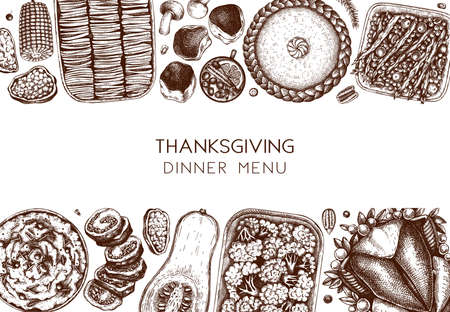 Thanksgiving dinner menu design. With roasted turkey, cooked vegetables, rolled meat, baking cakes and pies sketches. Vintage autumn food frame. Vector Thanksgiving day background.のイラスト素材