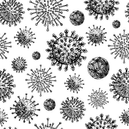Coronavirus COVID-19 seamless pattern. With different kinds of viruses. Biology organisms backdrop in vintage engraved style. Respiratory virus infection background. Hand drawn corona virus illustrationのイラスト素材