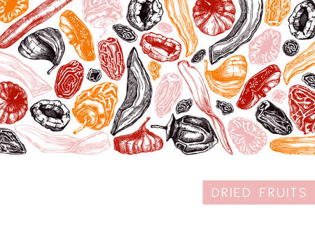 Dried fruits and berries frame design. Vintage dehydrated fruits in color template. Delicious healthy dessert - dried mango, melon, fig, apricot, banana, persimmon, dates, prune, raisin. Oriental sweets vector backgroundのイラスト素材