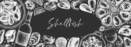 Seafood and wine banner design on chalkboard. Shellfish frame with mollusks, shrimps, fish sketches....
