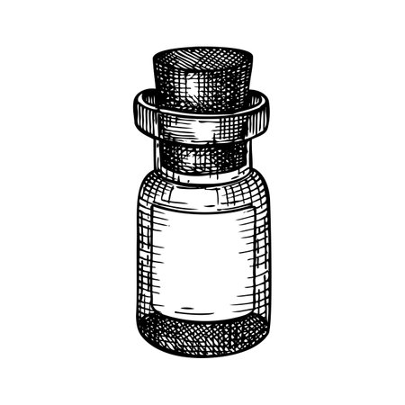 Little glass bottle hand-sketched illustration. Glassware drawing for alchemy, medicine, cosmetics, or perfume. Chemical laboratory equipment sketch. Glass flask with place for textのイラスト素材