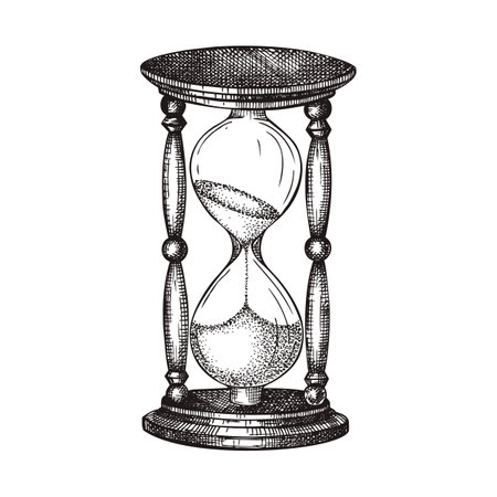 Hand sketched hourglass illustration. Vector drawing of sandglass in vintage style. Sketched wooden sandglasses for time, deadline theme or retro design isolated on white.のイラスト素材