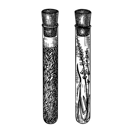 Vector collection of glass tubes with flowers illustrations. Vintage Hand drawn Perfumery and cosmetics production ingredients set. Aromatic and medicinal material isolated on whiteのイラスト素材
