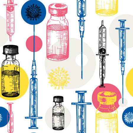 Coronavirus vaccine seamless pattern. Vector backdrop with vaccine bottle and syringe injection tools sketches. Trendy Coronavirus vaccine concept. Vector covid19 immunization backdropのイラスト素材