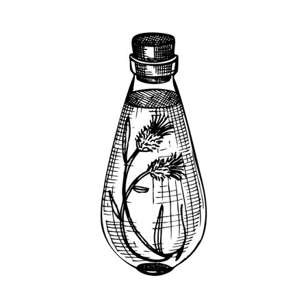Hand sketched bottles with flower extract in vintage style. Glassware hand drawing for cosmetic or perfume. Alchemy laboratory equipment sketch. Magic, witchcraft and mysticism glassware illustrationのイラスト素材