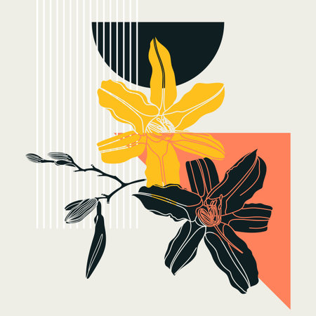 Collage style lily design. Trendy abstract illustration with floral and geometric elements. Can be used for prints, wall art, social media, mobile apps, banners design and web / internet adsのイラスト素材