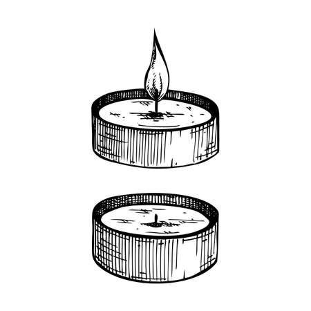 Hand-sketched aromatic candles collection. Vector illustrations of burning paraffin candles. For aromatherapy, hygge home or holiday decoration, meditation. Vintage design elementsのイラスト素材