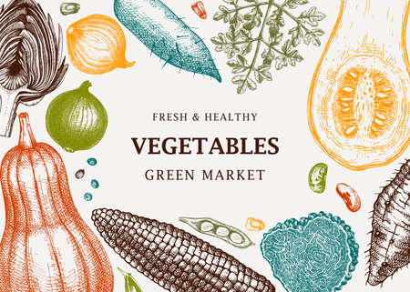 Harvest festival vector frame design in color. Vegetables, herbs, mushrooms backdrop with hand sketched elements. Healthy food ingredients banner template for recipes, web banners, menu, ads.のイラスト素材