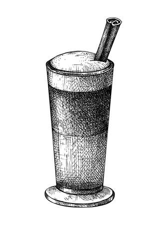 Morning coffee cup - hand-sketched illustration. Vector sketch of glass mug with aromatic latte. Coffee with milk and cinnamon sketch. Hot drink hand-drawing isolated on white backgroundのイラスト素材