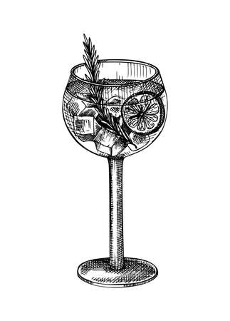 Hand-sketched Gin and tonic cocktail illustration. Vector sketch of alcoholic drink in elegant glass. Highball cocktail hand-drawing isolated on white backgroundのイラスト素材