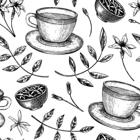 Jasmine tea seamless pattern. Vector background with sketched teacups, dried leaves, jasmine blossoms drawings. Green tea backdrop. Hot drinks design.のイラスト素材