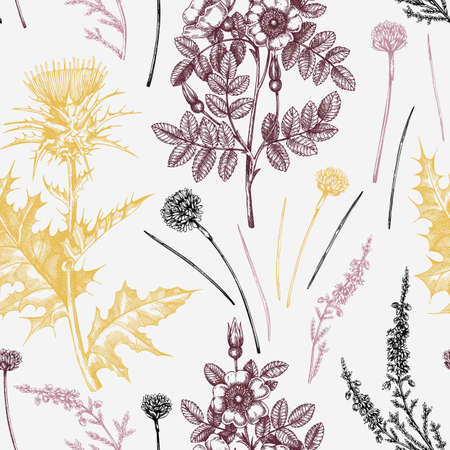 Hand sketched floral background. Vintage summer floral drawing seamless pattern. Traditional plant of Scotland. Botanical elements engraved style. Scottish flowers backdrop.のイラスト素材