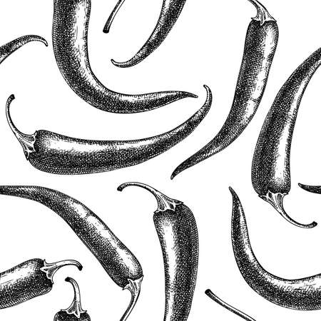 Fresh Chili pepper sketches background. Spicy vegetable seamless pattern with tree hand-sketched food plants. Vector backdrop with raw cultivated chili. For grocery, markets, packaging, wrapping paperのイラスト素材