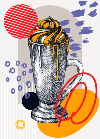 Collage style coffee vector illustration. Sketched pumpkin latte drawing. Trendy design with coffee glass, geometric and abstract shapes. Hot drink for print, poster, card, menu, wall artのイラスト素材